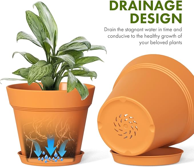 5 Inch Plastic Plant Pots with Drainage Holes and Trays – 6 Pack Small Nursery Pots for Indoor & Outdoor House Plants and Flowers, Seedling Starter Planters, Terracotta