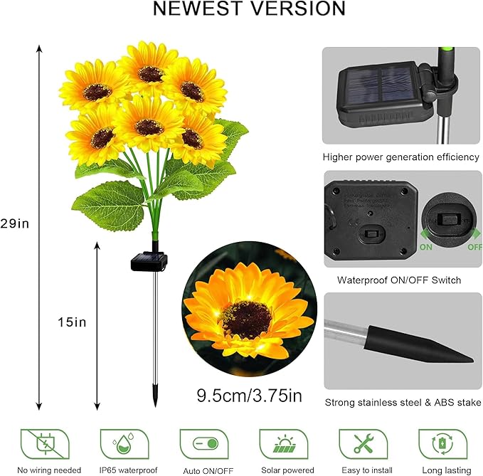 Solar Sunflower Lights 2 Pack with 12 Outdoor Decorative Lights for Garden Gift for Mom and Friends, IP65 Waterproof Sunflower Garden Stake Lights for Yard Patio Lawn Pathway (Warm White)
