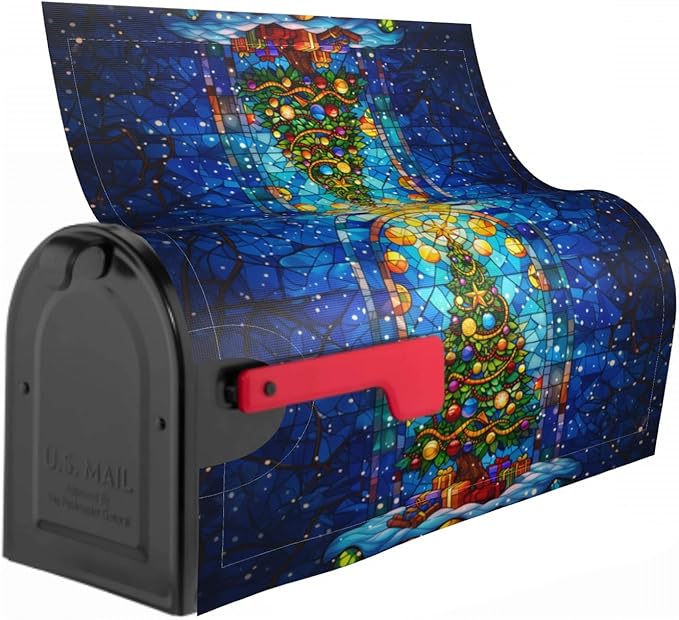 Giwawa Christmas Tree Mailbox Covers Stained Glass Blue Winter Mail Box Cover Magnetic Standard Size 18 x 21 Holiday Mailbox Xmas Decorations Happy New Year Mailbox Wrap