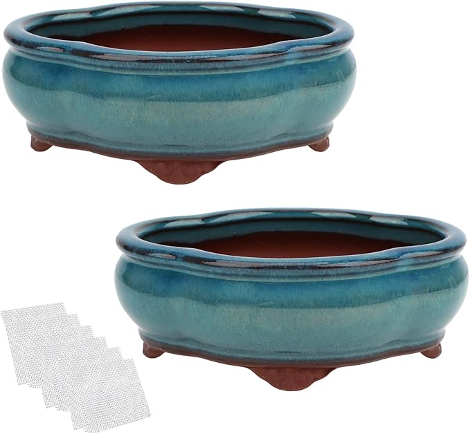 Bonsai Planter 5.7" Small Succulent Glazed Pots Set of 2 + 6 Soft Mesh Drainage Screens