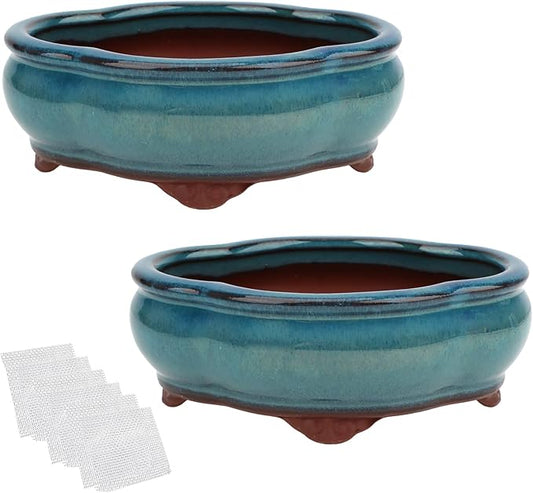 Bonsai Planter 5.7" Small Succulent Glazed Pots Set of 2 + 6 Soft Mesh Drainage Screens