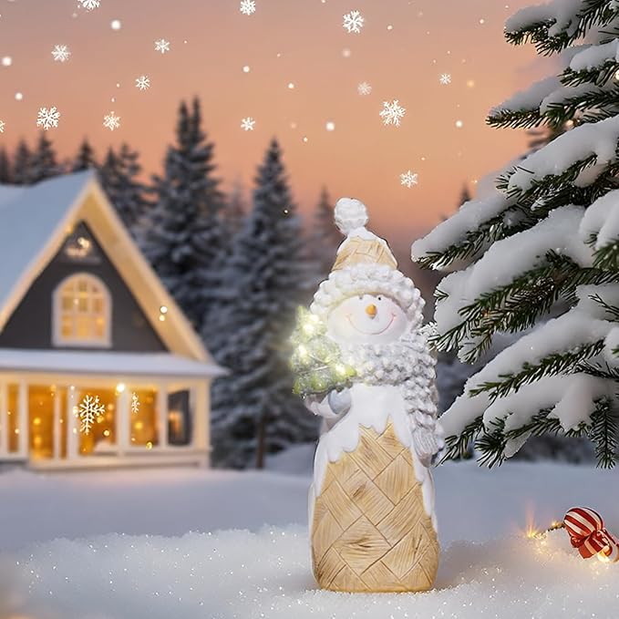 Newman House Studio Snowman Christmas Decorations Christmas-Tree Lighted - Snowmans Figurines Ornaments with LED Lights Merry Resin Holiday Light Up Snowman Indoor Decor 3.5 * 2.25 * 8.5 in