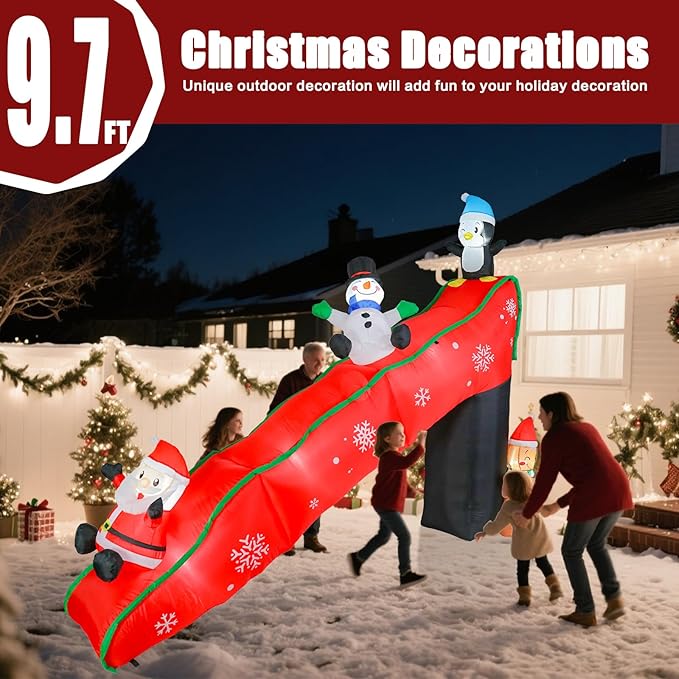 VCUTEKA Christmas Inflatables Outdoor Decorations, 9.7FT Snowy Slide with Santa, Snowman, Penguin, Gingerbread Man, Animated Christmas Inflatable Yard Decoration LED Lights for Holiday Lawn Garden