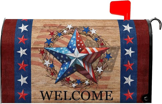 4th of July Mailbox Cover Patriotic Mailbox Covers Magnetic Welcome Post Letter Box Cover Star Mail Box Wrap Home Decor Outdoor Yard Decoration for Garden Standard Size 21x18 inch