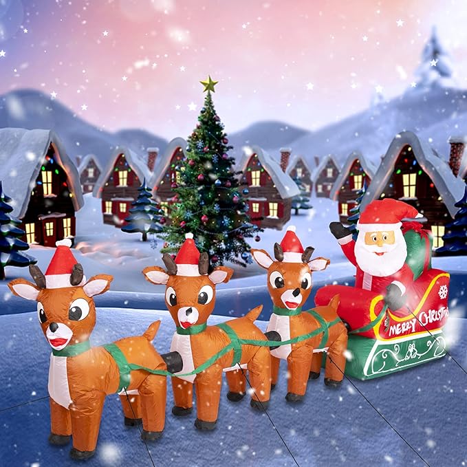 8FT Christmas Inflatables Outdoor Decoration Christmas Blow Up Yard Decorations Inflatable Santa Claus on Sleigh with Reindeers Outdoor Indoor Holiday Lawn Yard Decor