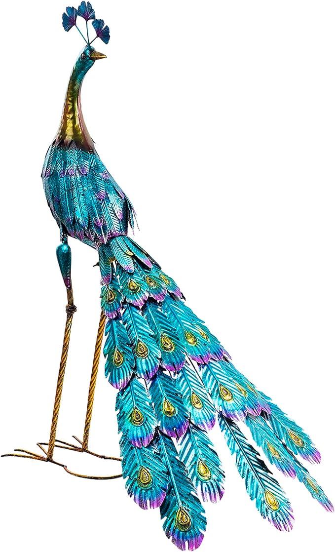 Alpine Corporation JUM207 Indoor Outdoor Metallic Peacock Standing Yard Statue Decoration, 37" Tall, Multicolor