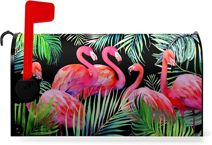 Flamingos Mailbox Cover Magnetic Summer Tropical Palm Waterproof Mailbox Wraps Pink Birds Green Leaf Post Letter Mail Box Standard Size 21x18 Inch for Garden Yard Decor Outdoor