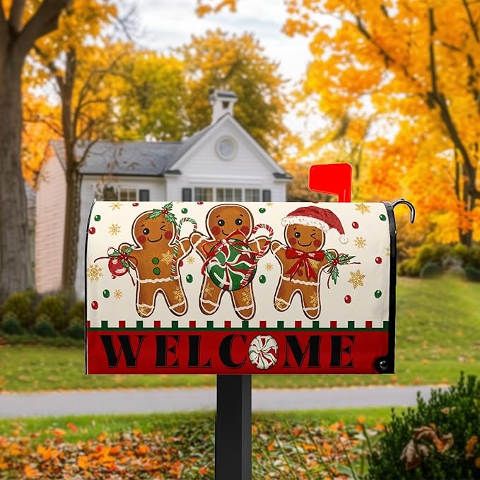 Gingerbread Man Mailbox Covers Merry Christmas Mailbox Wraps Magnetic Standard Size 21x18 inch Welcome Mail Box Cover Outdoor Decor for Garden