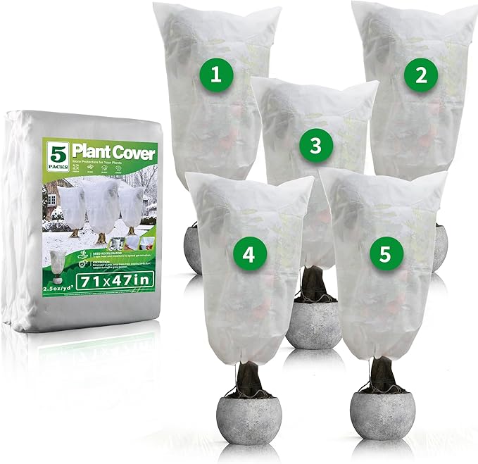 Avalution Plant Covers Freeze Protection, 5 Packs Frost Cloths for Outdoor Plants, 71" X47" Reusable Frost Blankets, 2.2oz Tree Cover Freeze Protection Drawstring Bags for Potted Shrub