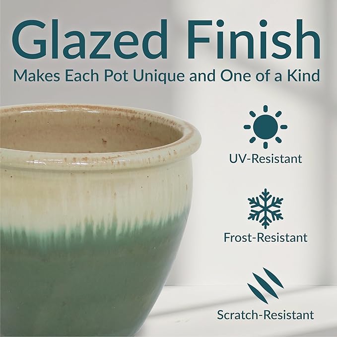 Sunnydaze Round Ceramic Planter - Set of 2 Indoor or Outdoor Plant Pots with Drainage Hole - Chalet - 12" - Seafoam Glaze