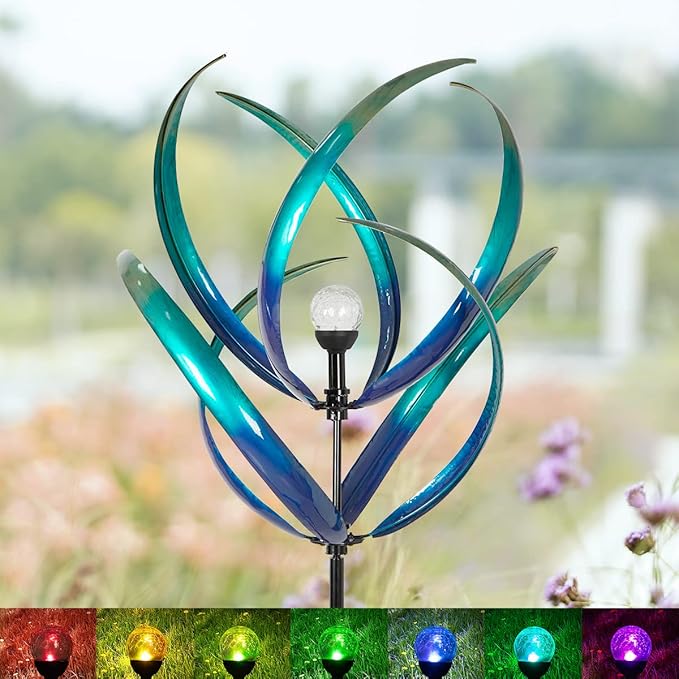82 inch Wind Spinners Outdoor - Extra Large Outdoor Metal Wind Sculptures Spinners with Solar Light, Windmills for The Yard Garden, Yard Art Garden Lawn Decor - Peacock Blue