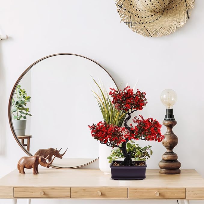 HANABASS Artificial Bonsai Tree Fake Blossom Faux Potted Plant Realistic Red Fake Plant for Indoor Outdoor Garden Home Office Decor Decor Wedding Centerpiece