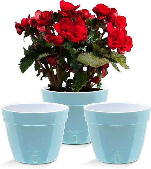 Santino ASTI 10.6 Inch Self Watering Planters Menthol/White (Set of 3) for Indoor Plants - Premium Quality Modern Plastic Pot w/Water Level Indicator for All House Plants, African Violets and Dahlias
