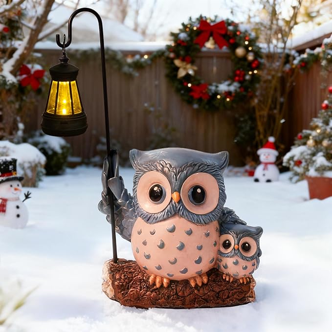 Garden Statues Owl with Solar LED Lantern, Resin Solar Garden Decor for Outside, Yard Decorations Outdoor for Patio, Porch, Balcony, Lawn Ornaments, House Warming Birthday Gifts for Mom Women Grandma