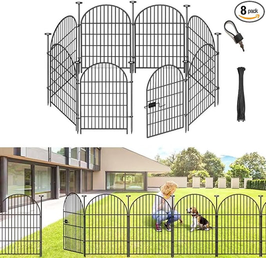 ADAVIN Garden Fence Animal Barrier with Gate 32 in(H)×17.5 Ft(L) 8 Panels,Rustproof Metal Wire Tall Fencing Border for Dogs Rabbits,Outdoor no dig pet Fences,Black Flower Edging for Yard,Arched