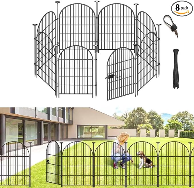ADAVIN Garden Fence Animal Barrier with Gate 36 in(H)×17.5 Ft(L) 8 Panels,Rustproof Metal Wire Tall Fencing Border for Dogs Rabbits,Outdoor no dig pet Fences, Arched Black Flower Edging for Yard