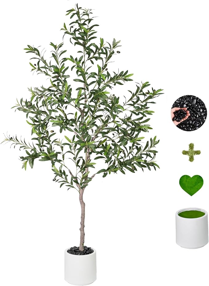 Artificial Olive Trees Indoor,Faux Olive Tree with White Planter Pot,Artificial Plants Lifelike Fruits for Home Office MeetingRoom Living Room Indoor Outdoor Decor(6ft)