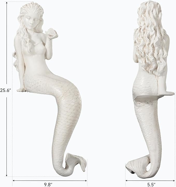 Mermaid Garden Statue, 25.6 Inch Large Outdoor Sculpture Figurines, Pretty Lawn & Patio Decor in Antique White, Made of Durable Magnesium Oxide Stone with Weather-Resistant Finish