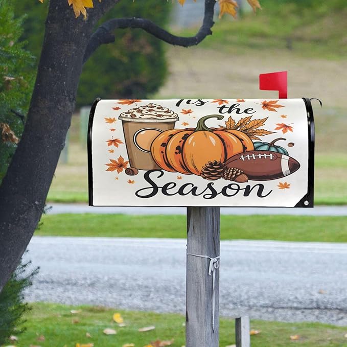 Fall Autumn Maple Leaf Pumpkin Football Magnetic Mailbox Cover MailWraps Garden Yard Home Decor for Outside Oversized-25.5" x20.8"
