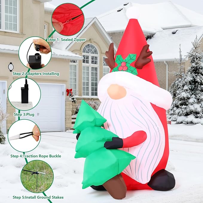 COMIN 5.2 FT Christmas Inflatables Outdoor Decorations Inflatable Gnomes Hold Christmas Tree Blow Ups with Built-in LEDs for Yard Party Lawn Decor