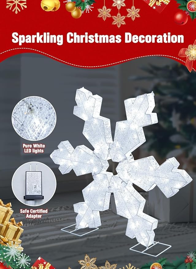 Brightown Christmas Snowflake Outdoor Decorations, Large 41.5in 3D Snowflake Christmas Decor with 100LED Lights, Pre-lit Xmas Outdoor Decor for Front Door Indoor Outside Yard Lighted Holiday Display