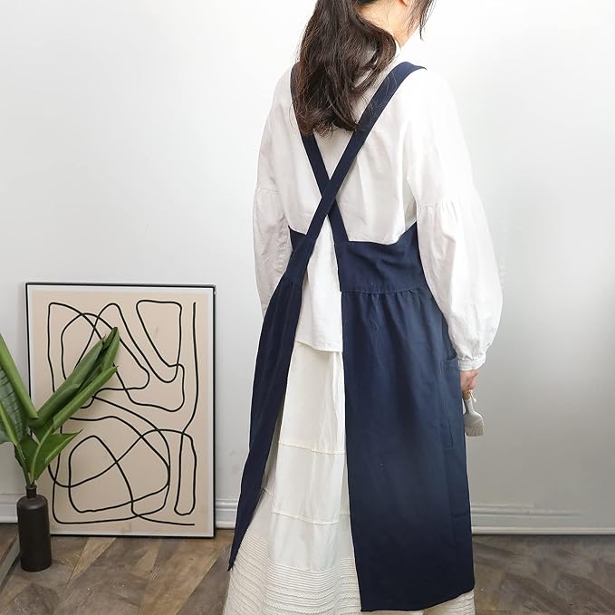 HANEE Cross Back Aprons for Women with Pockets | Japanese Style Cotton Apron | Cute Pinafore Smock for Kitchen etc (6 Colors)