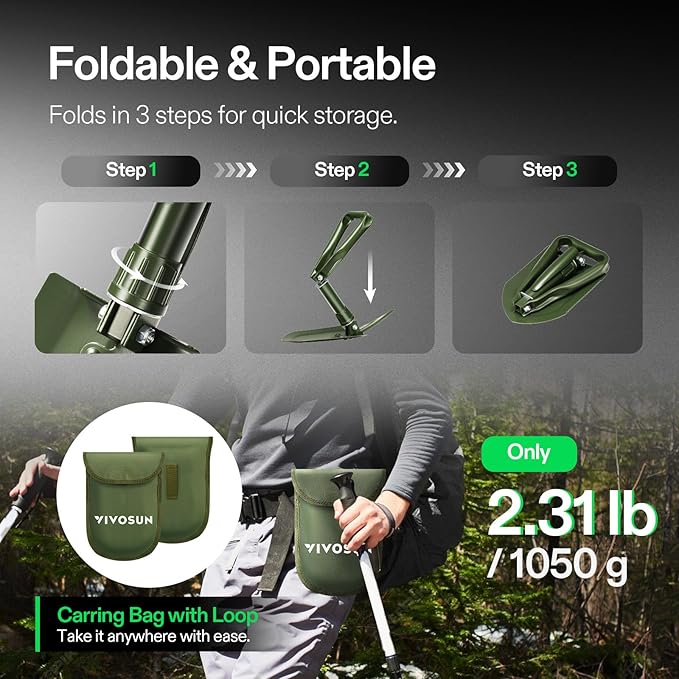 VIVOSUN Folding Survival Shovel, 22'' Camping Shovel, Military Portable Small Shovel with High Carbon Steel, Tactical Entrenching Tool for Hiking, Digging, Backpacking, Gardening, Off Road, Beach