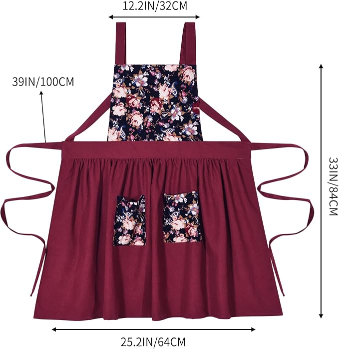 Vintage Pinafore Apron Dress for Women with Pockets Cute Floral Chef Aprons for Kitchen Cooking Baking Gardening
