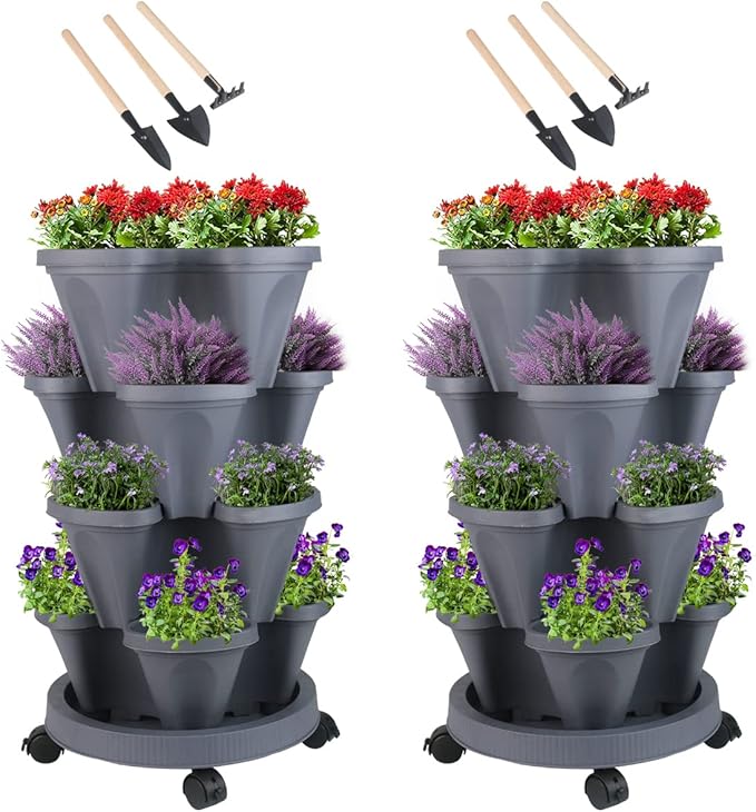 GameXcel Vertical Planter 4 Tier Stackable Planters Garden Planters Strawberry Herb Flower and Vegetable Planter Indoor Outdoor Gardening Pots with Removable Wheels and Tools