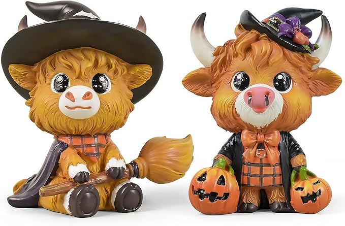 2PCS Cute Magic Highland Cow Figurine Witch Hat Broom Cow Gnomes Resin Statue Christmas Scottish Highland Cow Decor Calf Lovers Gifts Farmhouse Office Home Tiered Tray Decor