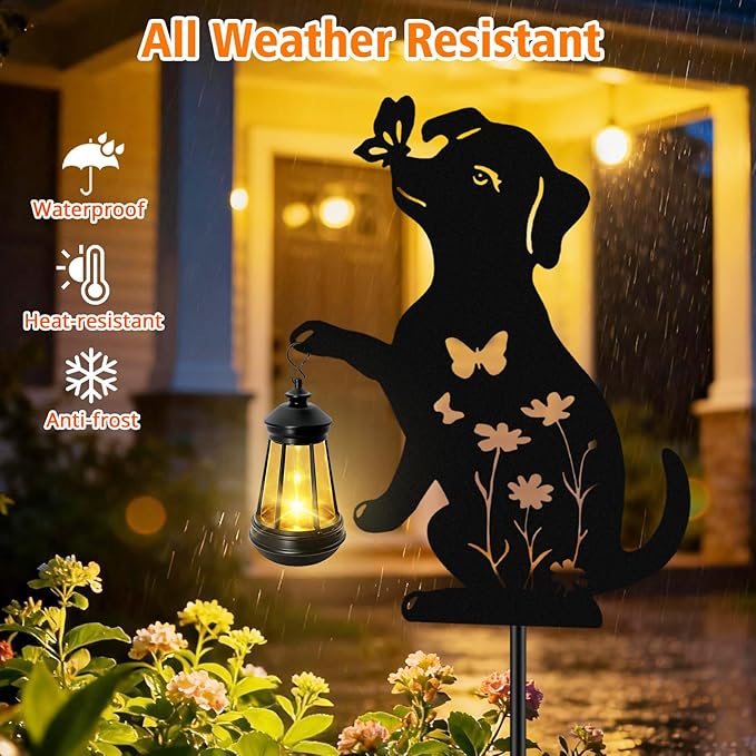 Dog Outdoor Solar Lantern Waterproof, Birthday Gifts for Christmas Women Mom, Solar Hanging Lights Dog Metal Figurine Garden Decor Patio Yard Pathway Backyard Ornaments