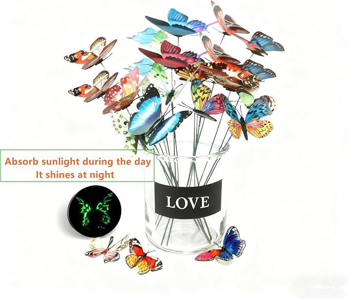 50pcs Glow in The-Dark Butterfly Garden Posts -3.2inch Colorful Butterfly Decorations for Outdoor Gardens, courtyards, Flower beds, Indoor planters, Party Decorations - Waterproof Material