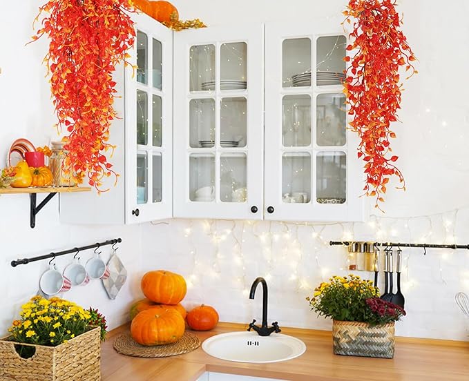 RECUTMS Artificial Hanging Plants Fall Garland 4Pcs 33 Inch Faux Wall Plant UV Resistant Fake Eucalyptus Leaves Ivy Greenery Indoor Outdoor Porch Garden Home Office Autumn Thanksgiving Party Décor