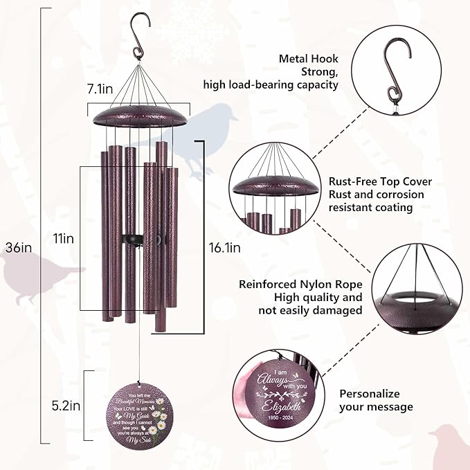 ASTARIN Personalized Memorial Wind Chime for Loss of Loved One 30/36/42 inch, Sympathy Deep Tone Wind Chimes for Mom Dad/Mother Father, Remembrance Gifts for Grief Condolence Funeral, Bereavement 14
