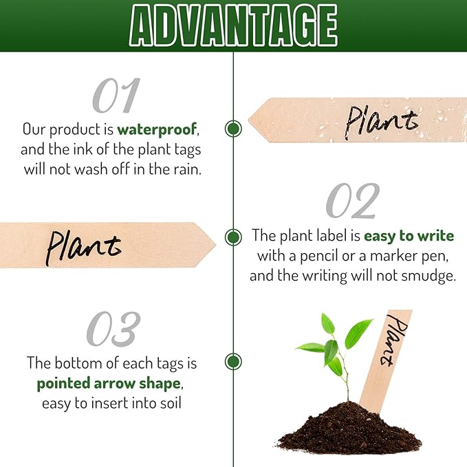Whaline 100Pcs Wooden Plant Labels Pointed Wooden Garden Markers Waterproof Eco-Friendly Plant Sign Tags Decorative Garden Tags for Seed Potted Herbs Flowers Vegetables with 2 Marker Pen (15 x 2 cm)