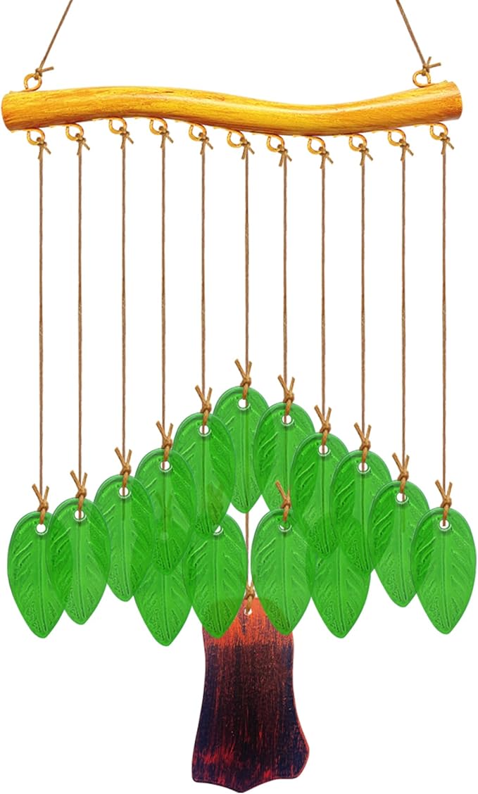 Leaf Shape Glass Wind Chimes for Outside Decoration, Green Tree Windchimes Outdoors Unique, Handcrafted Suncatcher Glass Art Wind Chimes Outdoor Gifts for Women, Hanging Outdoor Garden Decor