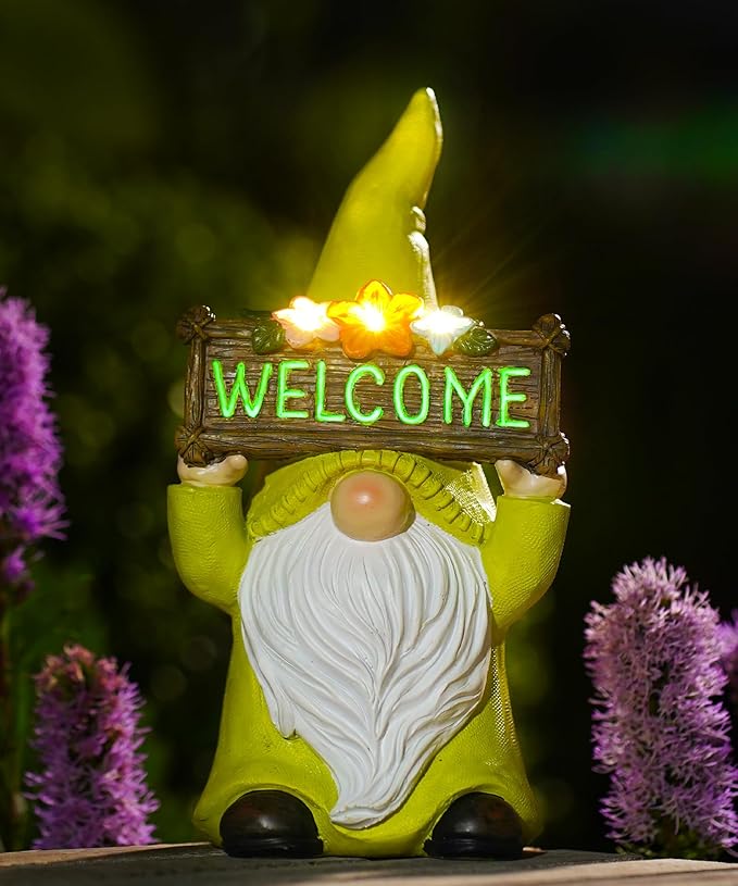 Nacome Solar Gnome Statue for Garden Decor: Outside Sculpture with Flower Welcome Sign Clearance for Yard Art Lawn Ornaments Porch Patio Balcony - Birthday Gifts for Grandma Mom Women(Green)
