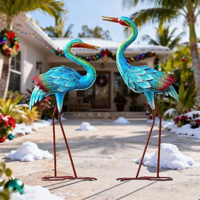 Natelf Crane Statues for Garden Decor, Blue Heron Sculptures, Metal Large Birds Lawn Sculptures & Statue for Patio Pond, Yard Decorations, Set of 2