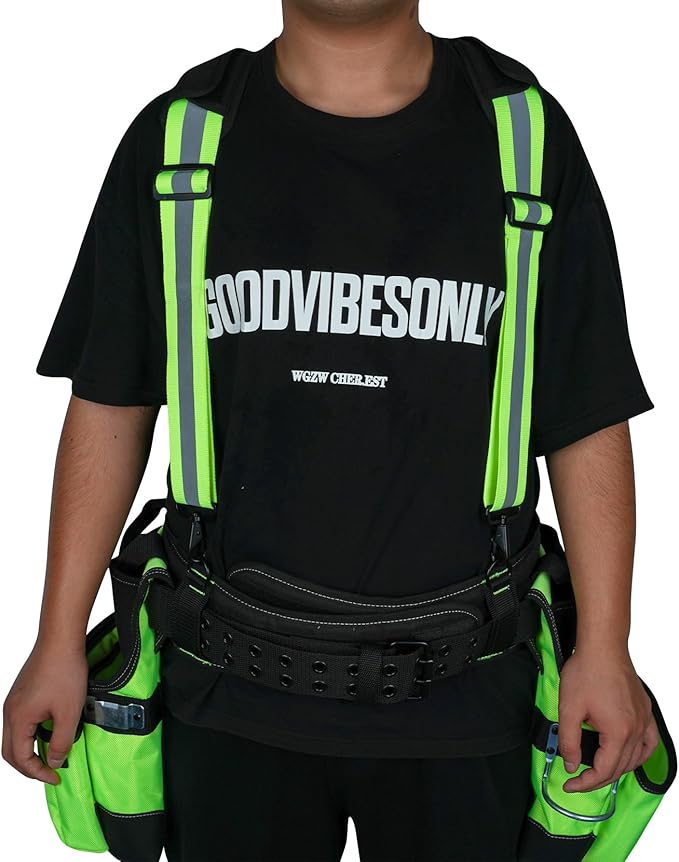 MELOTOUGH High Visibility Tool Belt Suspenders Safety Reflective Tool belt Harness for Heavy Duty Work belt with Movable shoulder Pads, Quick lobster clasp (4 point support with high visibility)