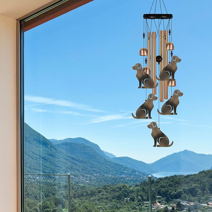 Bronze Dog Wind Chime, Gifts for Mom, Home, Garden, Balconies, Room, Patio, Indoor, Outdoor Decoration, Chimes, with 4 Aluminum Tubes 5 Dog Wind Catcher, Wind Bell Decor