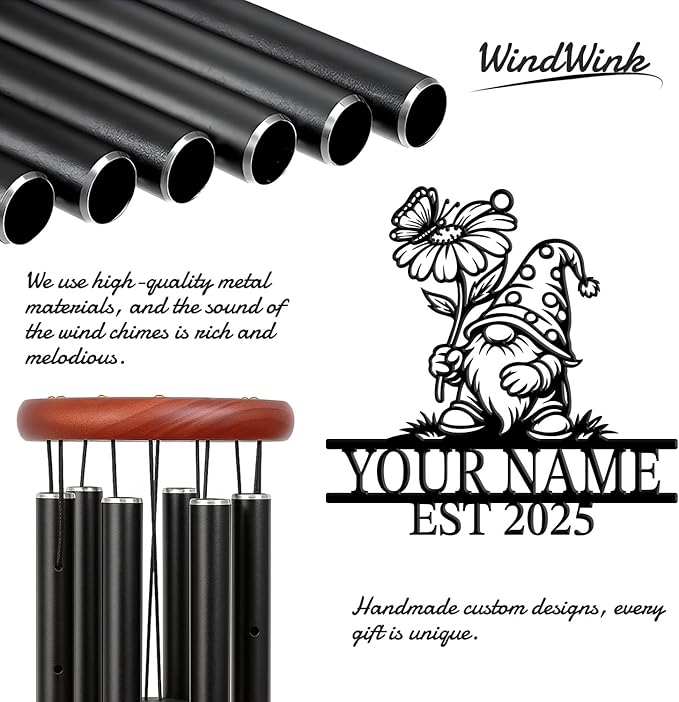 Personalized Customize Name Gnome Wind Chime, Metal Iron 37 Inch Outdoor Memorial Gift for Garden Yard Patio Home Decor, Black，Christmas (Style A)