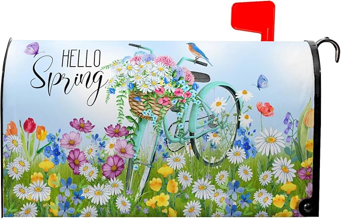Hello Spring Mailbox Cover - Daisy Mailbox Covers Magnetic Standard Size 21x18 in - Beautiful Floral Bicycle - for Outside Garden Decoration