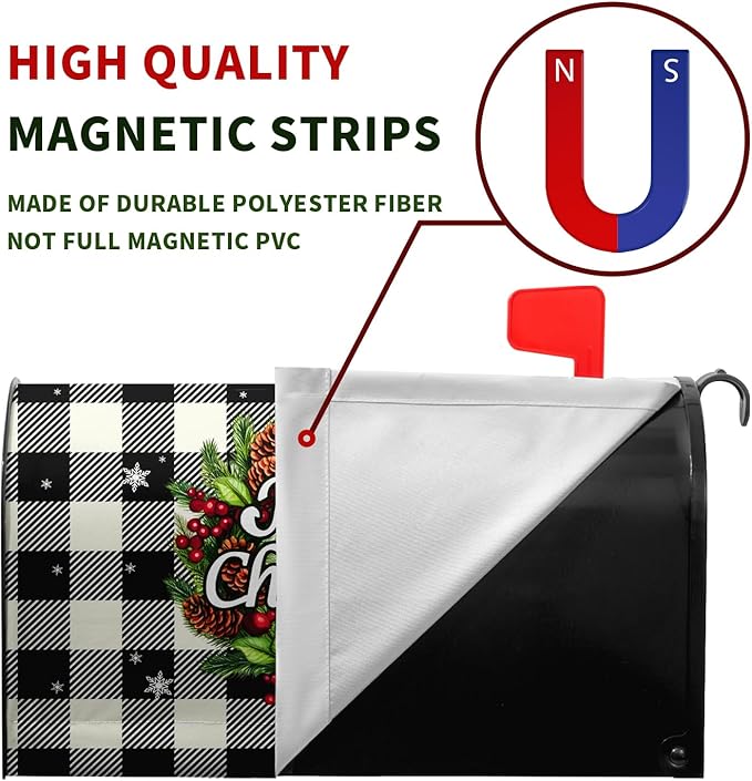 Merry Christmas Mailbox Covers Magnetic Standard Size Winter Buffalo Plaid Mailbox Post Cover Xmas Snowflake Mailbox Wraps Holiday Decor Waterproof 21 X18 Inch