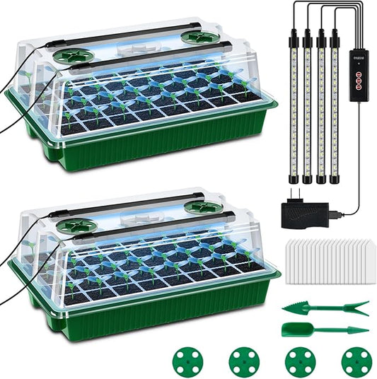 Seed Starter Tray with Grow Light, 2 Packs 80 Cells Seedling Starter Trays with Humidity Domes, Seed Germination Kit Adjustable Light Seed Starting Trays.