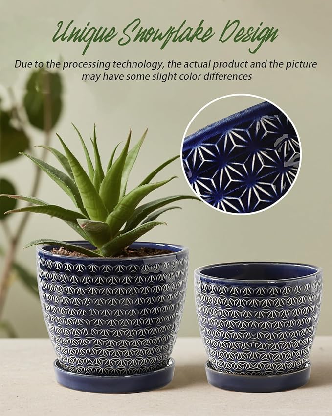 Plant Pots, Planters for Indoor Plants, Ceramic Plant Pots, 6.5+5.5 inch Plant Pot with Drainage and Saucer, Pots for Plants with Hole Mesh Pad, Set of 2, Reactive Glaze Blue