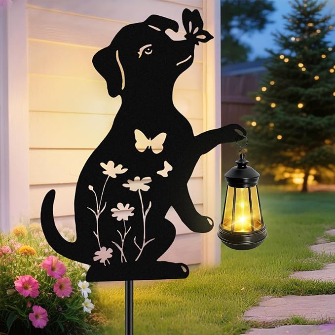 Solar Lights Outdoor Stakes, Metal Dog Solar Lights, Christmas Birthday Gifts for Women Mom Grandma, Waterproof Hanging Lantern Garden Ornaments Decor Outside Backyard, Yard Art, Patio, Pathway
