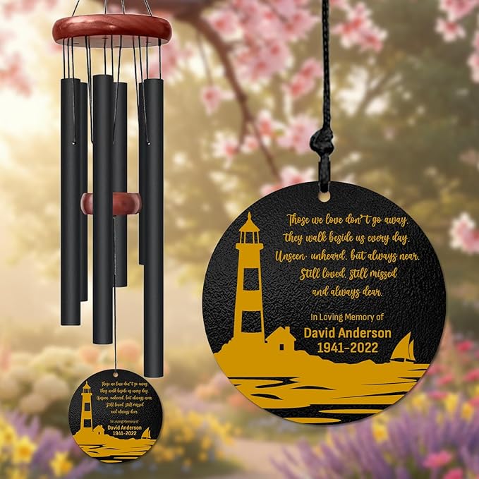 Personalized Lighthouse Memorial Wind Chime – “Those We Love Don’t Go Away” Golden Engraved Quote – Custom Name & Years Sympathy Gift – Memorial Windchimes for Loss of Loved One – Ocean Tribute Décor