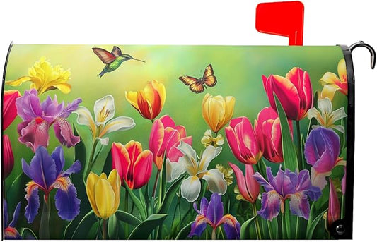 Easter Floral Mailbox Cover Magnetic, Tulip Lily Flowers Mailbox Wrap, 25.5"x21" Spring Summer Large Size Waterproof Letter Post Cover for Yard Garden Outdoor Outside Decoration