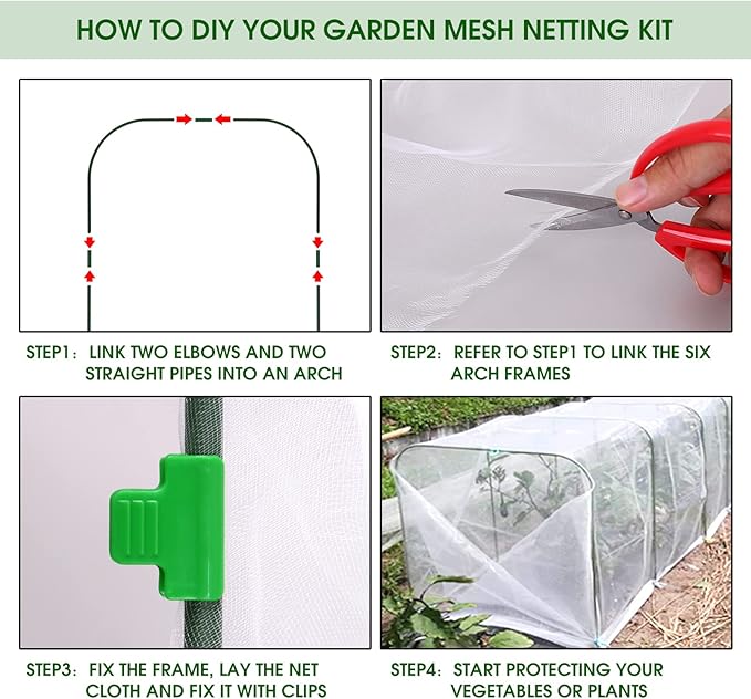Garden Mesh Netting Kit - 10x30ft Ultra Fine Mesh with 6 Sets Hoops & 12 Clips, Bird Netting Protection for Fruit, Vegetable, Flowers & Animals, Greenhouse Cover