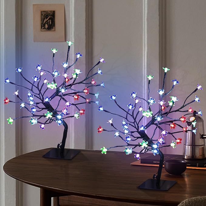 2 PK Cherry Blossom Tree Lights,Artificial Bonsai Tree with 48 Warm White Led Lights, 16.2 Inch Prelit Cherry Blossom Lamp for Christmas Party Wedding Gift Home Tabletop Decoration